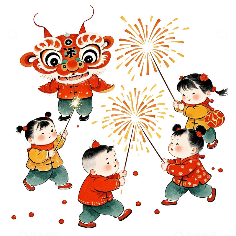 高清大图下载【趣麦麦图】中国娃娃们围着一起放烟花