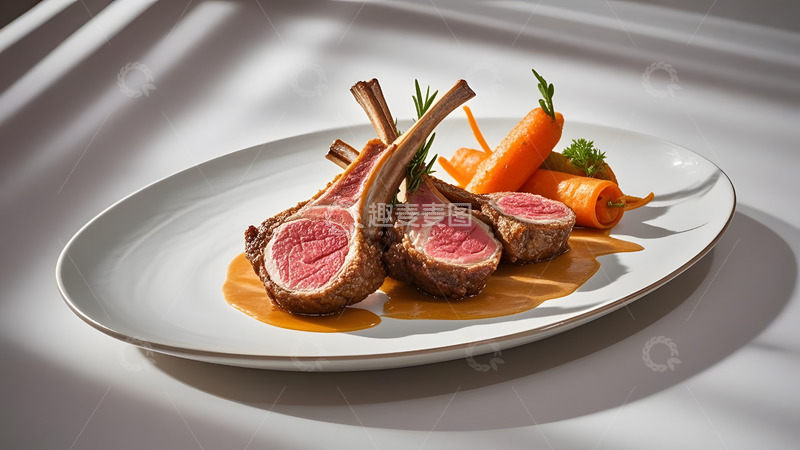 高清大图下载【趣麦麦图】白色背景衬托的羊排与胡萝卜精致美食