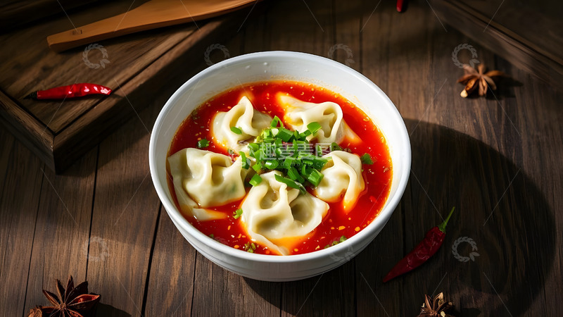 高清大图下载【趣麦麦图】红色碗中的馄饨与汤美食摄影