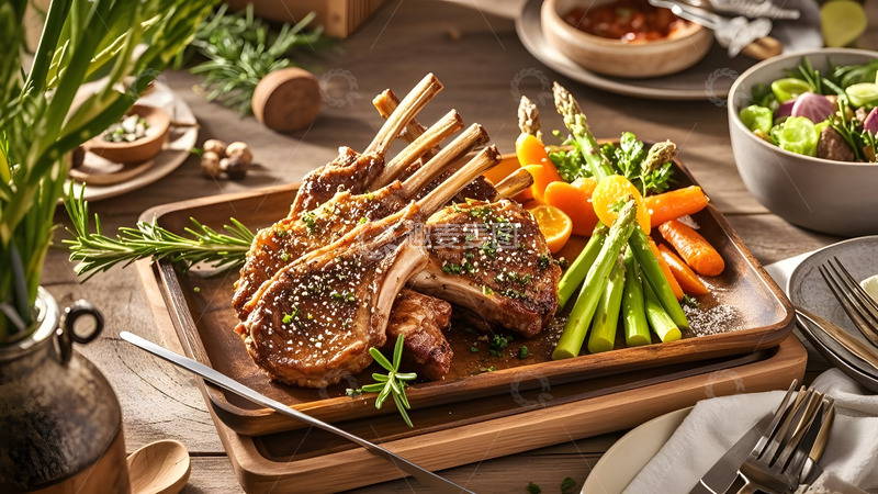 高清大图下载【趣麦麦图】绿色背景中的羊排与自然风光健康摄影