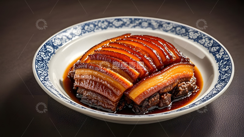 高清大图下载【趣麦麦图】青花瓷盘盛放的扣肉传统中式佳肴
