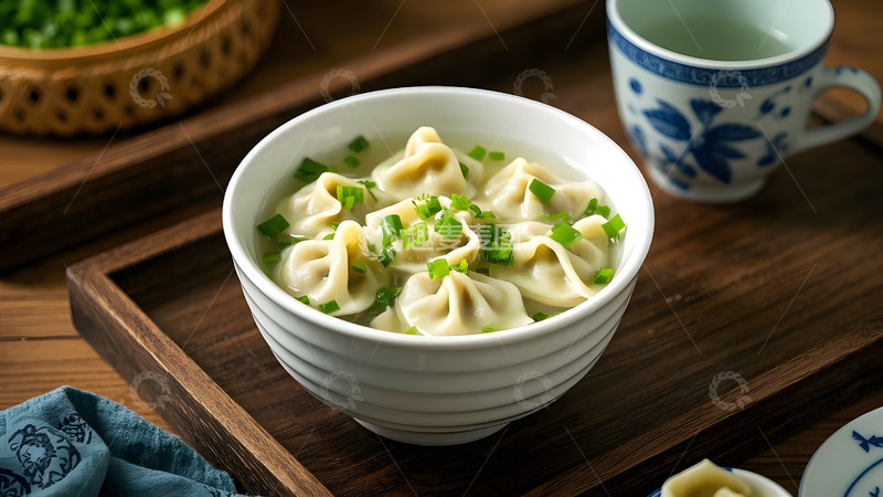 高清大图下载【趣麦麦图】木质餐桌上的中式馄饨与汤美味佳肴