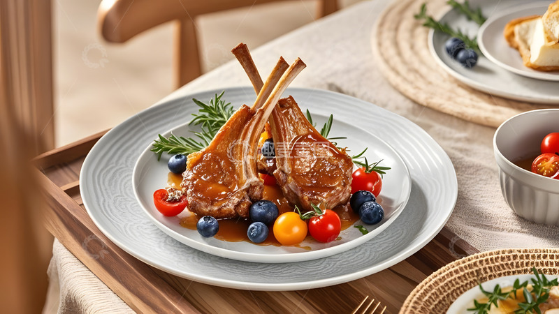 高清大图下载【趣麦麦图】精美摆盘的羊排与蔬菜健康饮食摄影