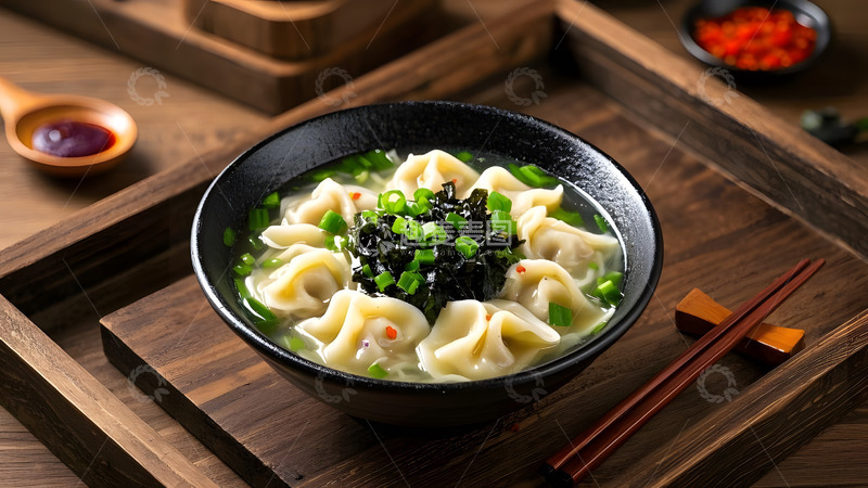 高清大图下载【趣麦麦图】现代餐桌上的馄饨与配菜健康佳肴