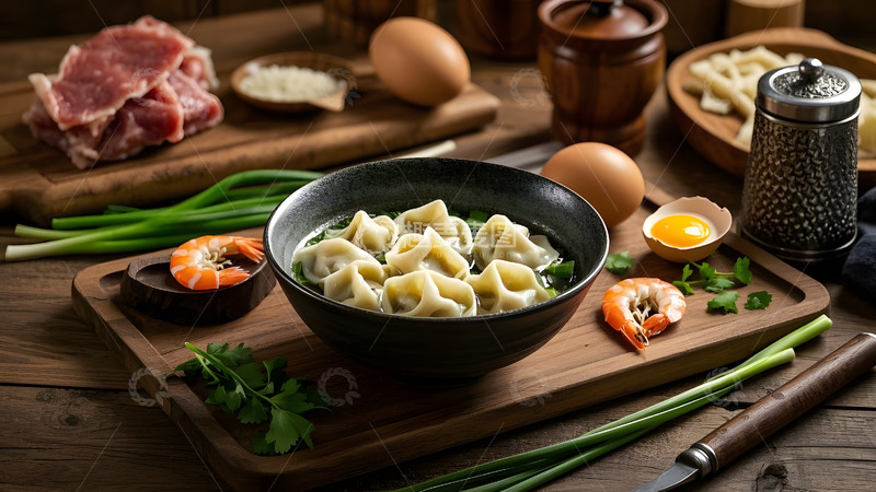 高清大图下载【趣麦麦图】黑色背景中的馄饨与汤健康美味