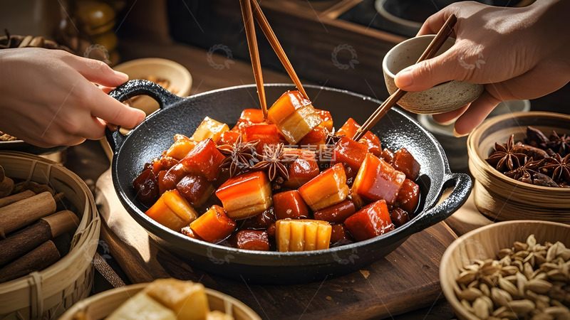 高清大图下载【趣麦麦图】传统锅中的红烧肉与配菜家庭美味