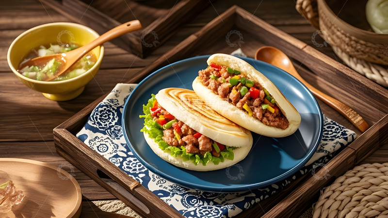 高清大图下载【趣麦麦图】蓝色背景衬托的中式肉夹馍美味佳肴