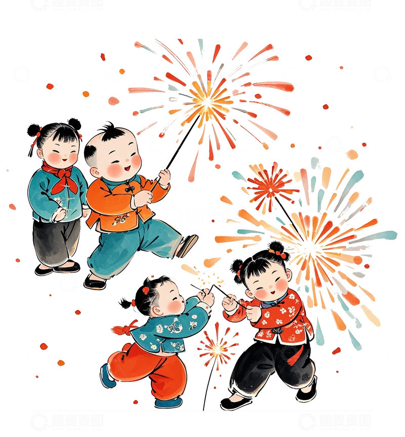 高清大图下载【趣麦麦图】中式娃娃们聚在一起放烟花