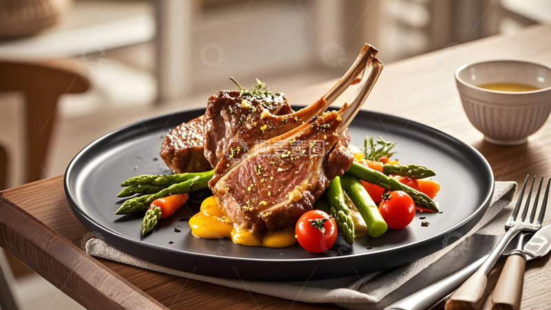 高清大图下载【趣麦麦图】高档餐具盛放的羊排与烤蔬菜美食摄影
