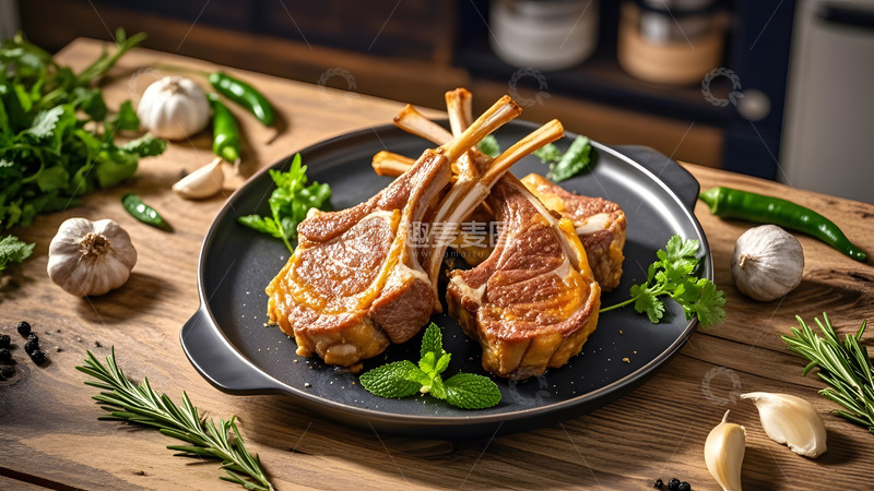 高清大图下载【趣麦麦图】陶瓷盘中的经典羊排美食摄影