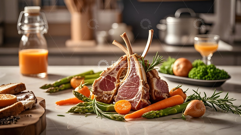 高清大图下载【趣麦麦图】美酒搭配的羊排与配菜健康佳肴摄影