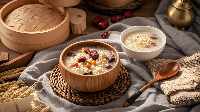 高清大图下载【趣麦麦图】香浓牛肉粥搭配传统蒸笼点心