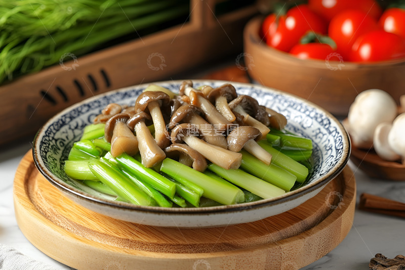 高清大图下载【趣麦麦图】一盘新鲜蘑菇和青菜