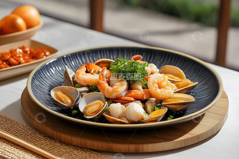 高清大图下载【趣麦麦图】一盘大虾炒贝壳美食