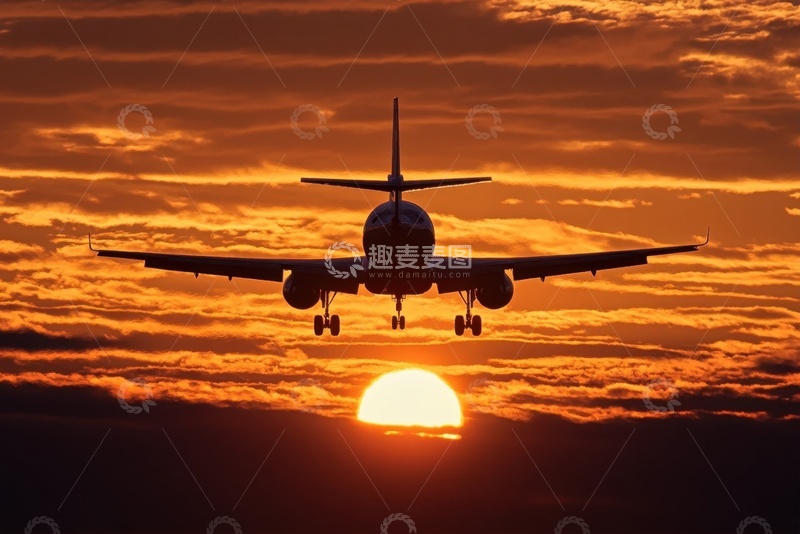 高清大图下载【趣麦麦图】落日黄昏下的飞机