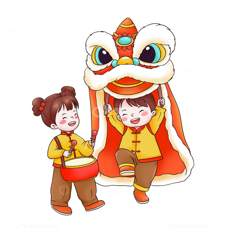 源文件下载【趣麦麦图】节日喜庆舞狮子打鼓可爱儿童