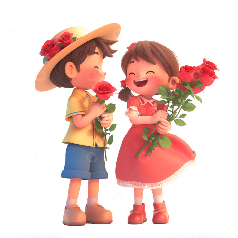 高清大图下载【趣麦麦图】卡通简约拿着手捧玫瑰花的孩子