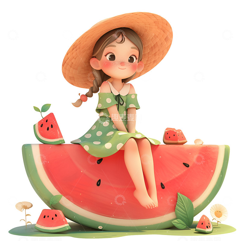 高清大图下载【趣麦麦图】卡通简约坐在西瓜上的小女孩