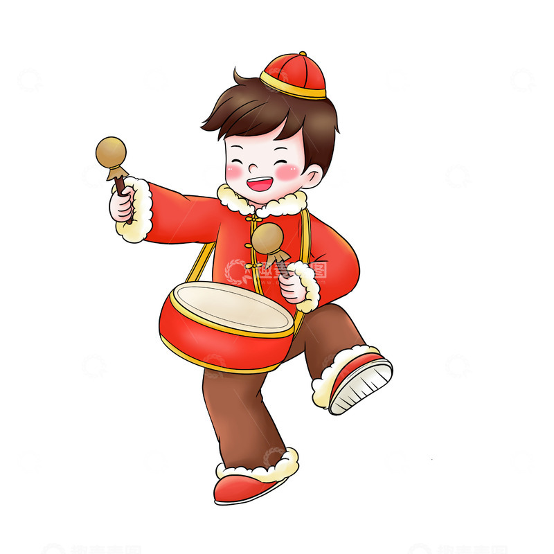 源文件下载【趣麦麦图】春节节日喜庆打鼓的儿童