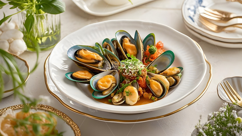 高清大图下载【趣麦麦图】清新绿色装饰搭配的海鲜沙拉艺术摆盘