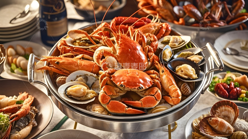 高清大图下载【趣麦麦图】丰盛螃蟹海鲜拼盘搭配新鲜柠檬的美味佳肴