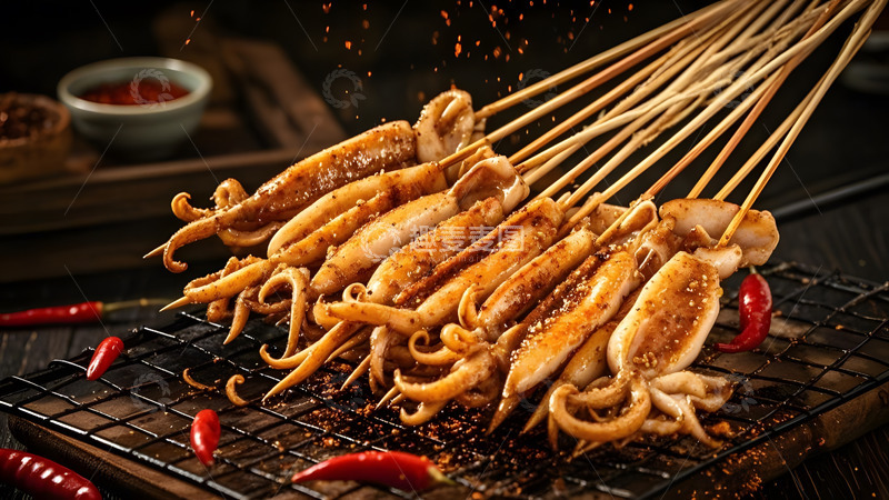 高清大图下载【趣麦麦图】中式炝鱼八爪鱼海鲜串烧的鲜美料理图