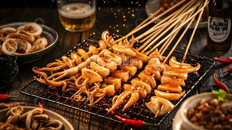 高清大图下载【趣麦麦图】香辣炝鱼八爪鱼串烧搭配炭火的经典烧烤场景