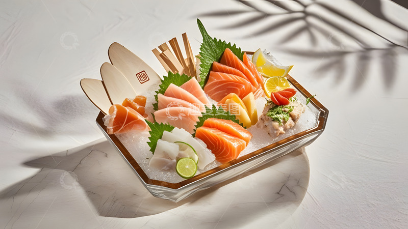 高清大图下载【趣麦麦图】清新绿叶装饰的寿司卷海鲜拼盘