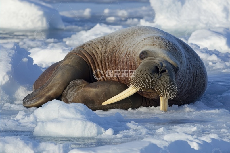 高清大图下载【趣麦麦图】在冰面上睡觉的一只海象