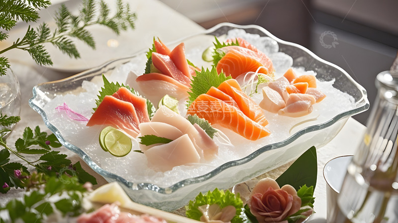 高清大图下载【趣麦麦图】透明玻璃盘中的烟熏三文鱼艺术美食