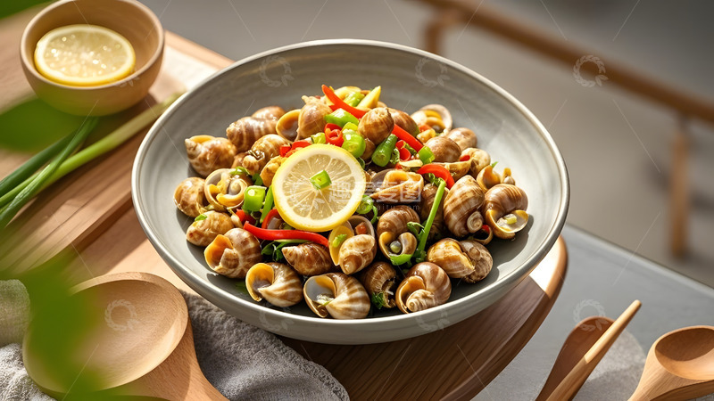 高清大图下载【趣麦麦图】贝类与柠檬搭配的中式炖锅海鲜料理