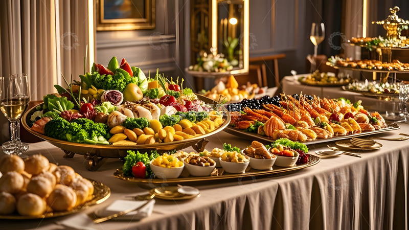 高清大图下载【趣麦麦图】木质餐盘中摆放的丰富海鲜烧烤拼盘