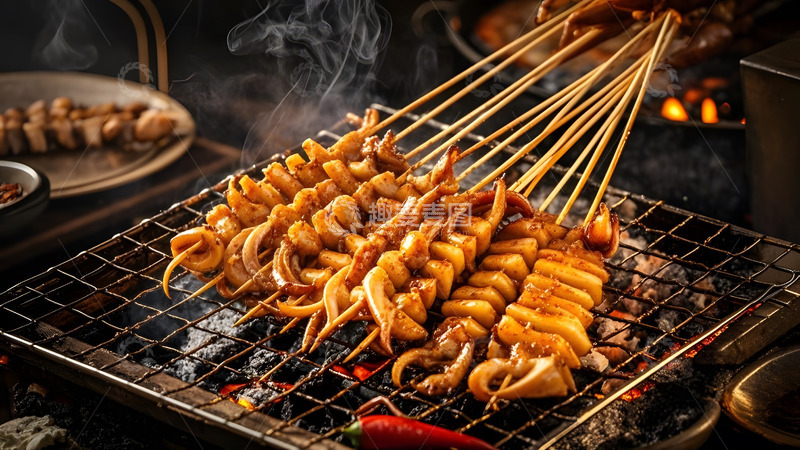 高清大图下载【趣麦麦图】炝鱼八爪鱼串烧呈现独特中式烧烤风味