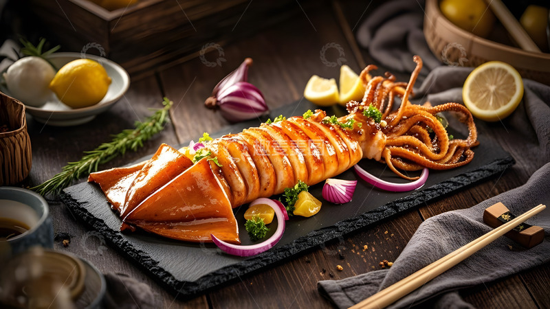 高清大图下载【趣麦麦图】中式炝鱼八爪鱼串烧与配菜组合的美味盛宴