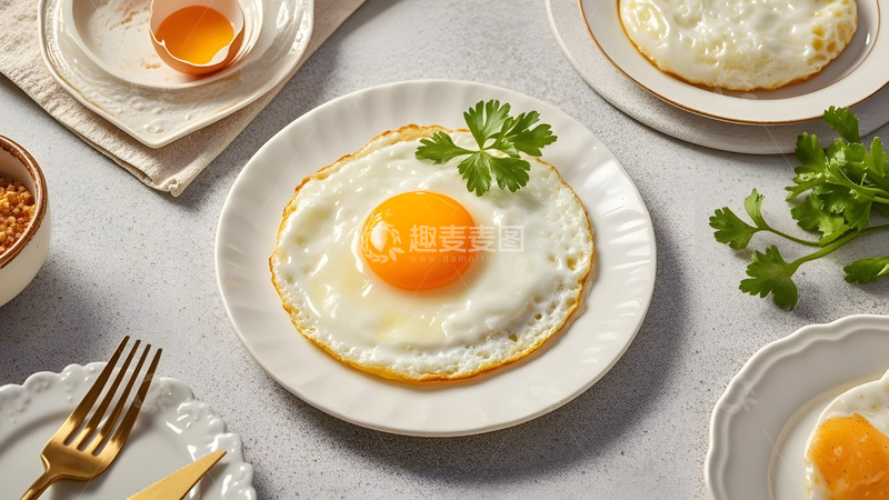 高清大图下载【趣麦麦图】精致餐具中的煎鸡蛋摆盘美食