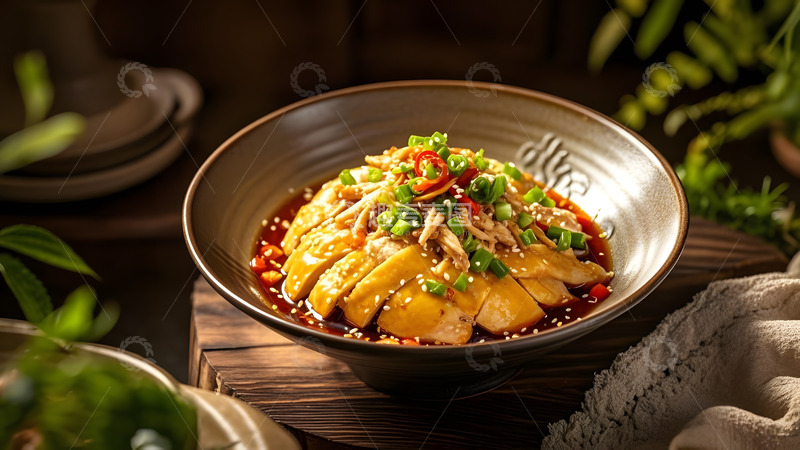 高清大图下载【趣麦麦图】红色餐盘中摆放的中式凉拌鸡佳肴