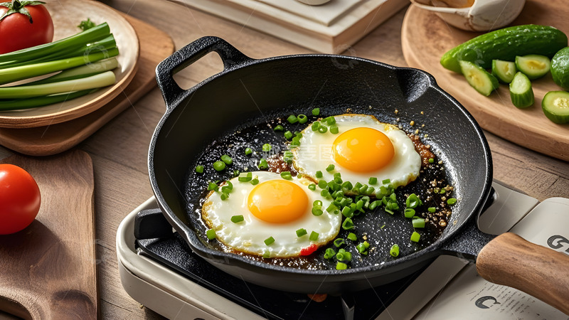 高清大图下载【趣麦麦图】温暖餐桌上的煎鸡蛋与绿叶装饰