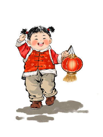 新年春节过年提灯笼拜年的福娃国风卡通小孩