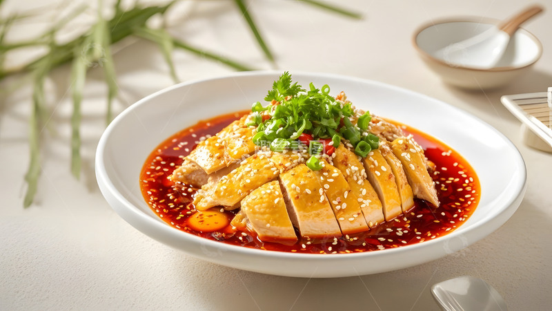 高清大图下载【趣麦麦图】精致白盘中盛放的凉拌鸡健康美食