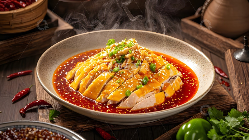 高清大图下载【趣麦麦图】凉拌鸡与辣椒酱搭配的传统川味菜肴
