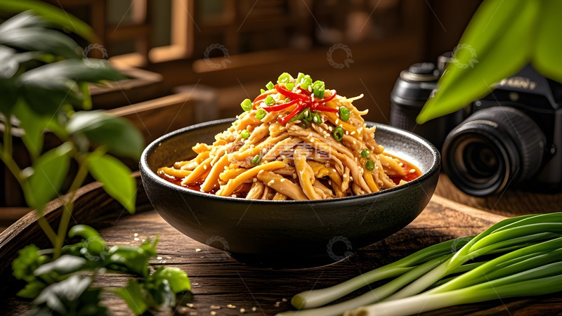 高清大图下载【趣麦麦图】黑色餐盘中的凉拌鸡与辣味装饰