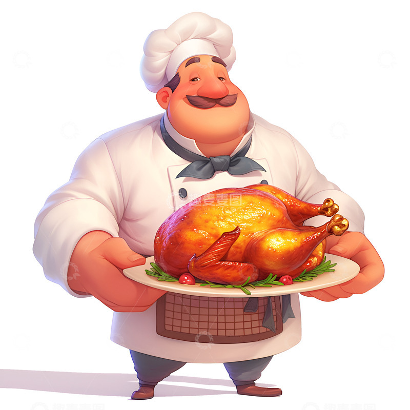 高清大图下载【趣麦麦图】卡通简约端着烧鸡的大厨