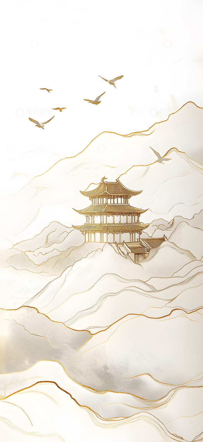 高清大图下载【趣麦麦图】古风金色线条古建筑和飞鸟烫金元素