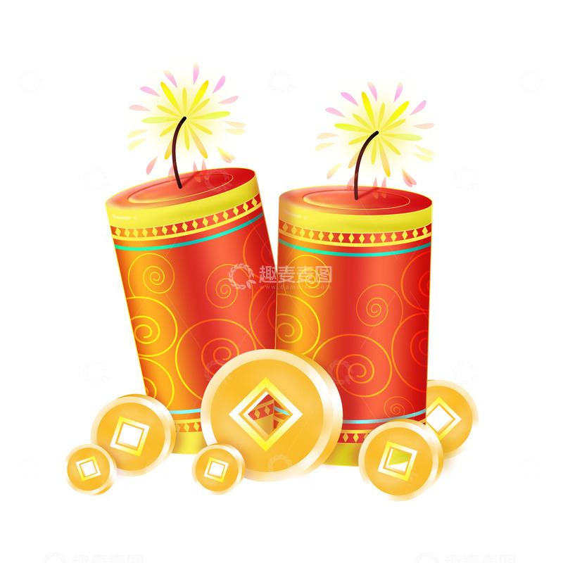 源文件下载【趣麦麦图】新年除夕手绘金币鞭炮