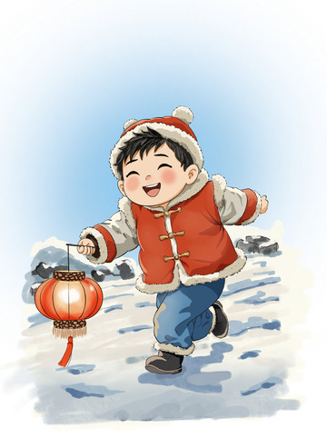 春节新年过年提灯笼拜年福娃国风卡通小男孩