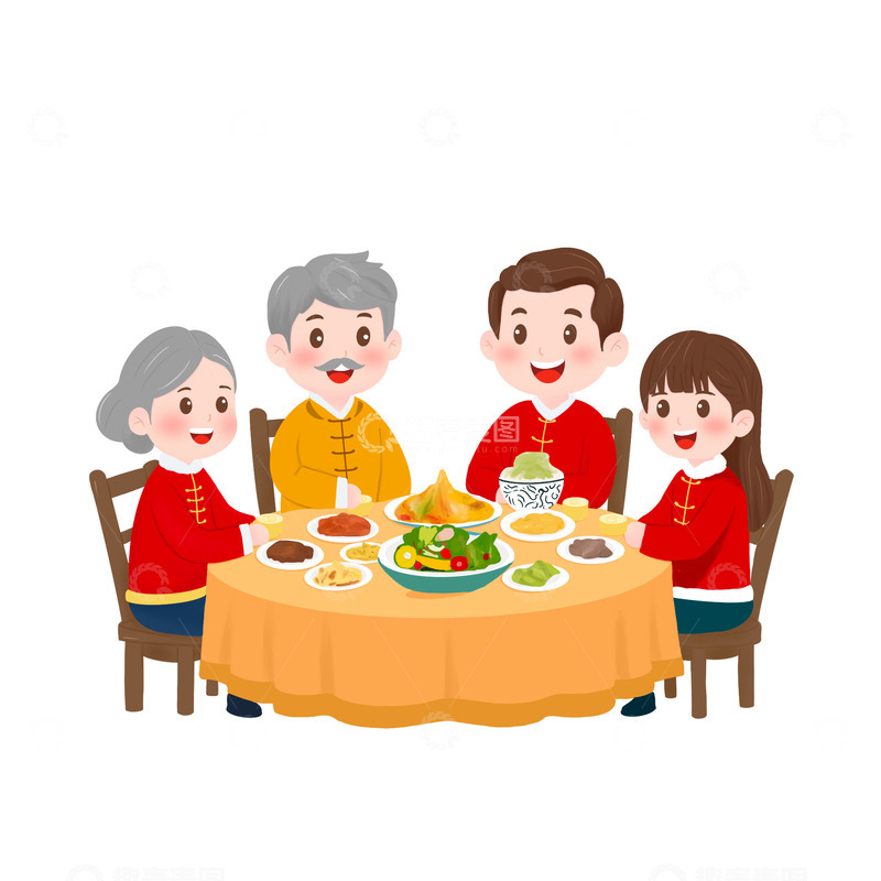 源文件下载【趣麦麦图】-除夕团圆年夜饭一家人团聚手绘小场景