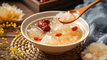 银耳羹与勺子搭配的中式养生甜点特写