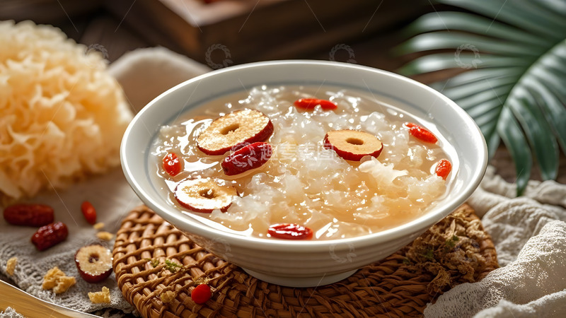 高清大图下载【趣麦麦图】陶瓷碗中盛放的银耳羹与枸杞健康搭配
