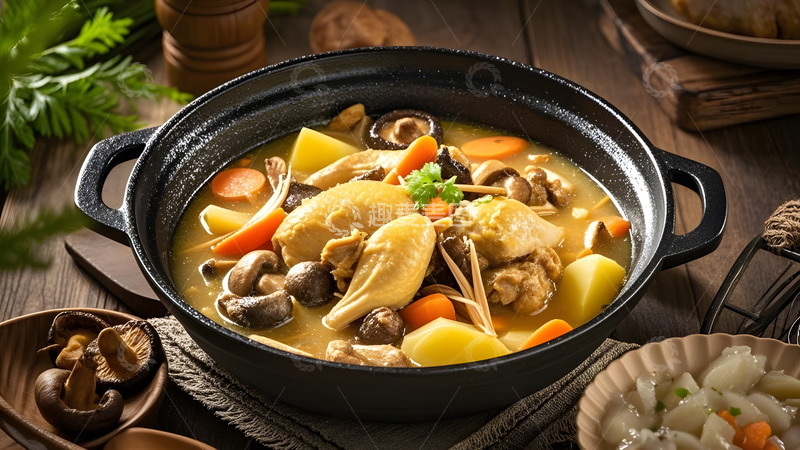 高清大图下载【趣麦麦图】陶瓷砂锅中盛放的中式养生炖鸡汤品