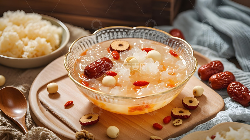 高清大图下载【趣麦麦图】粉色陶碗中的银耳羹与红枣养生甜点